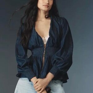 Anthropologie Maeve Tommie Smocked Denim Blouse sz Small Blue Zip Boho Festival